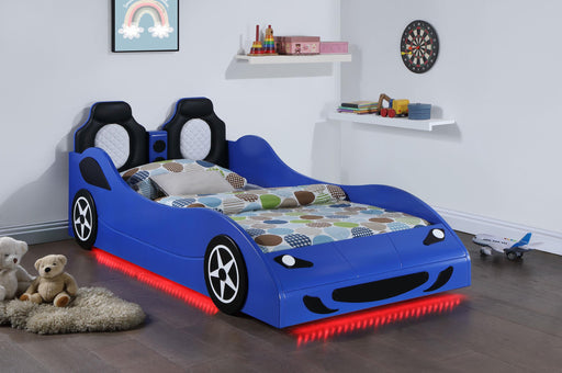 Cruiser Wood Twin LED Race Car Bed and 7-inch Mattress Blue