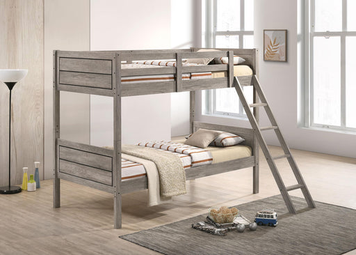 Ryder Wood Twin Over Twin Bunk Bed with Mattress Weathered Taupe
