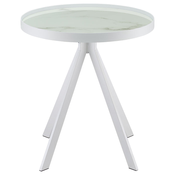 Briggs Round Marble Printed Glass Top End Side Table White
