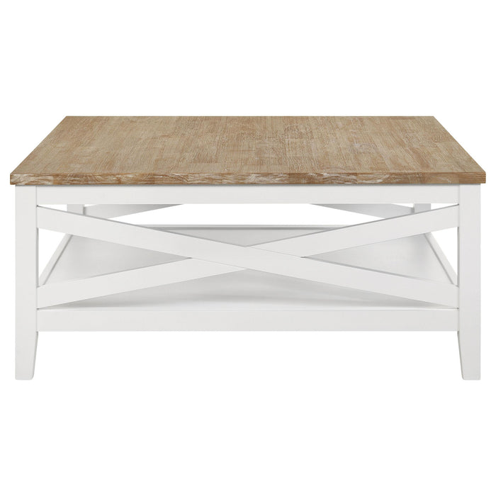 Hollis Square Wood Coffee Table With Shelf Brown and White