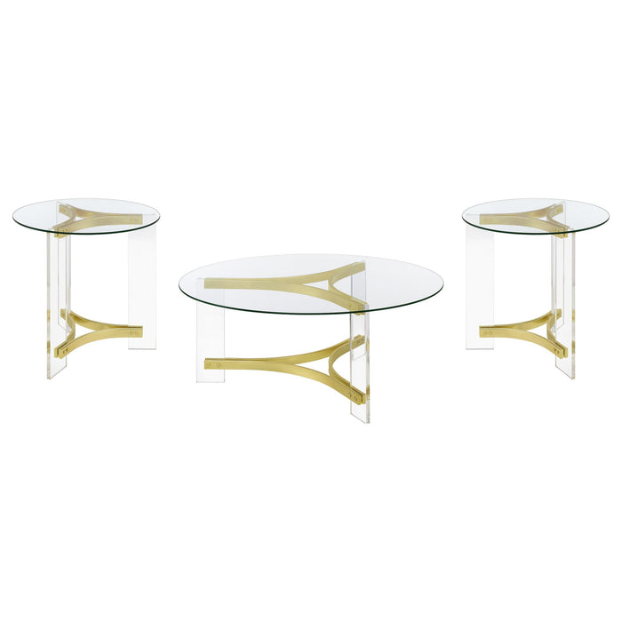 Janessa 3-piece Acrylic Coffee and End Table Set Matte Brass