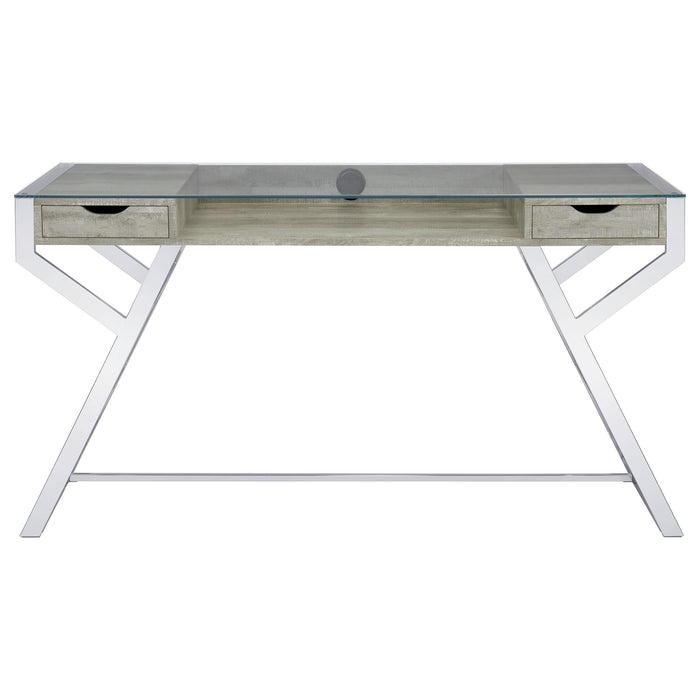 Emelle 56-inch Glass Top Writing Desk Grey Driftwood