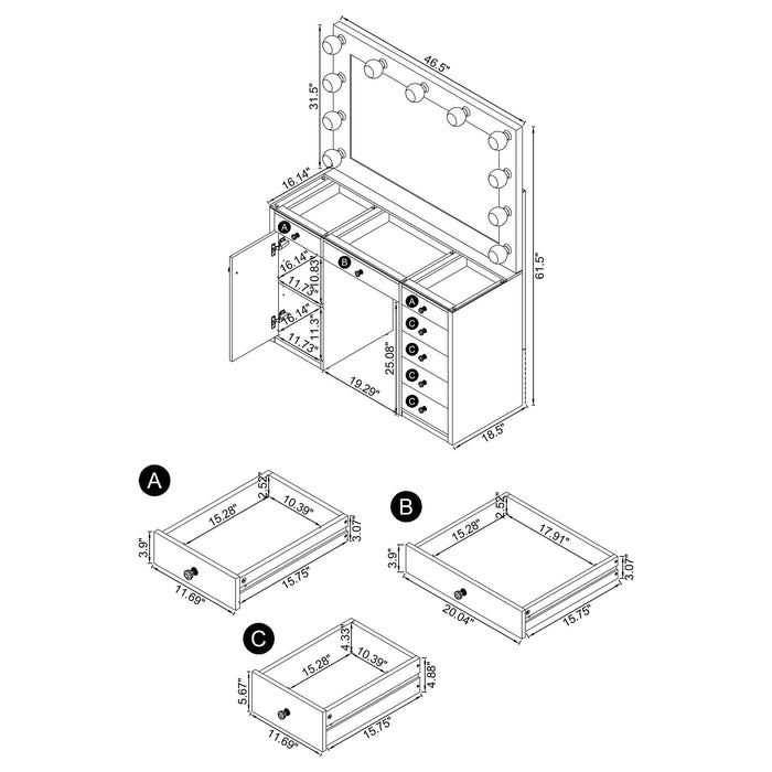 Acena 7-drawer Vanity Set with Lighting Black High Gloss