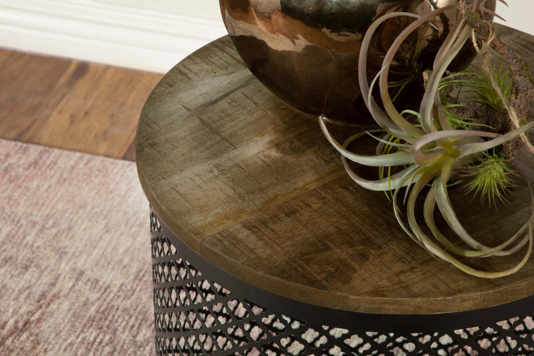 Aurora Round Drum Base Accent Side Table Natural and Black
