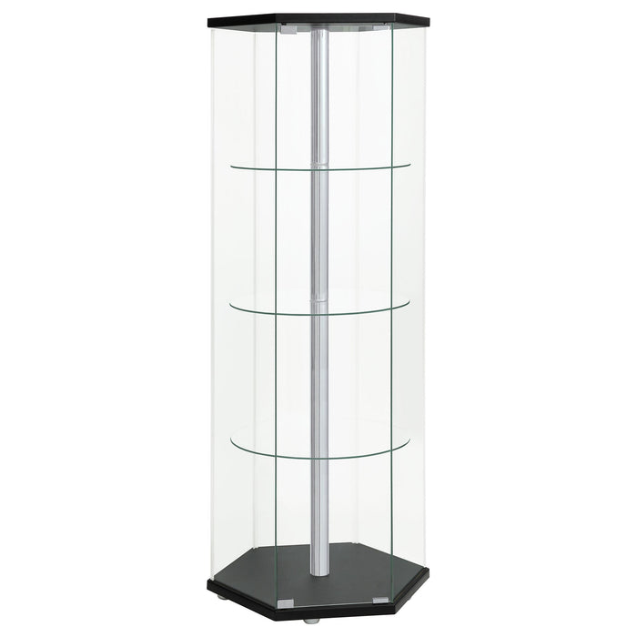 Zahavah 4-shelf Hexagonal Clear Glass Curio Cabinet Black