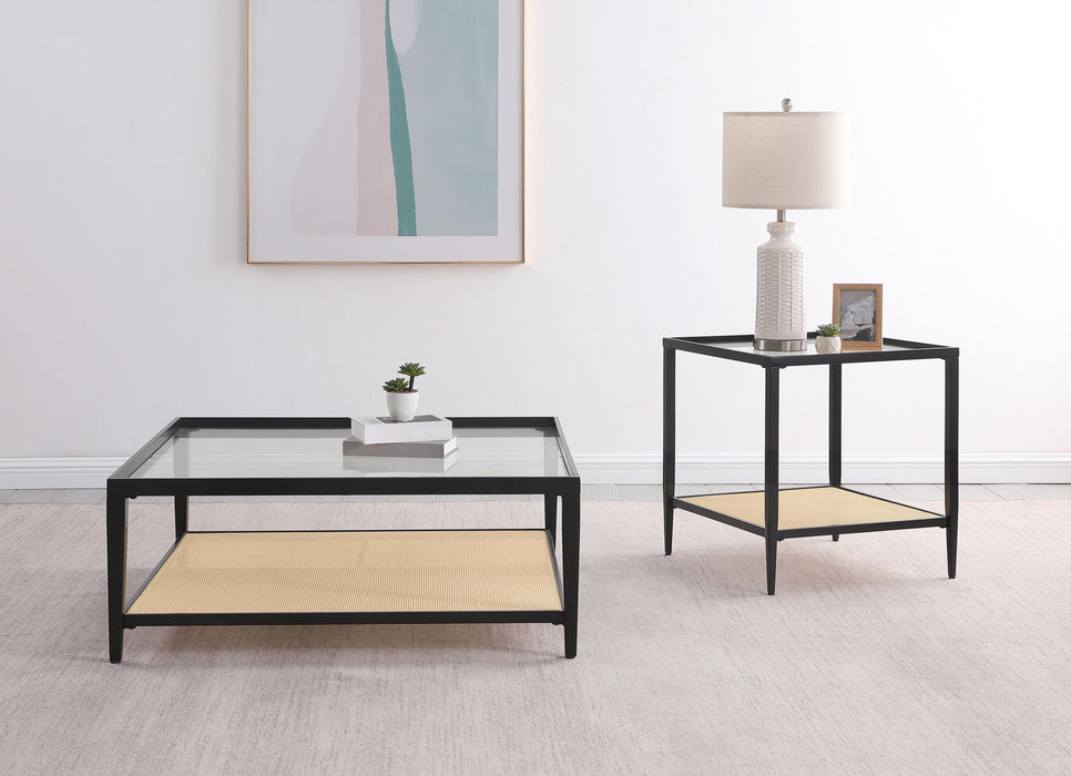Amherst Glass Top Metal with Cane Shelf End Table Black_x000D_